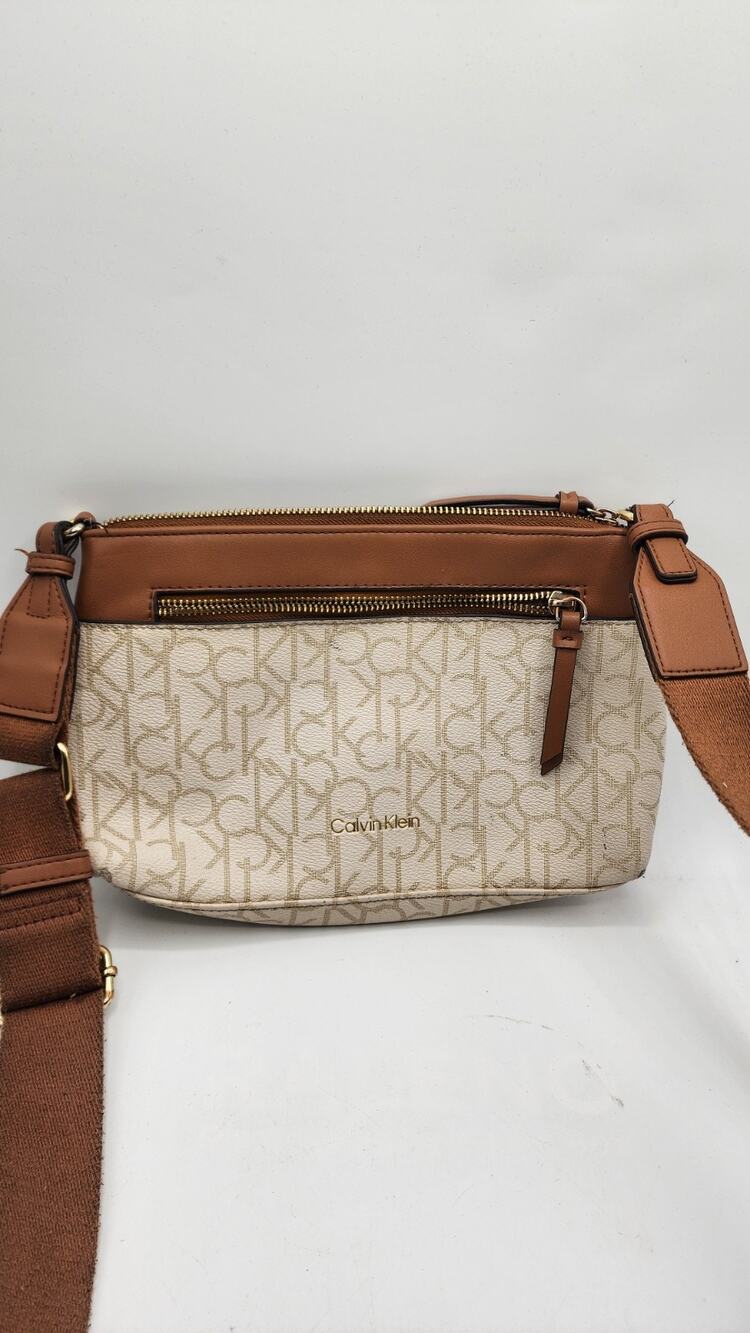 Calvin Klein Monogram Crossbody Bag Beige Brown Canvas Logo Purse